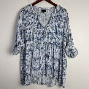 JNY Jones New York Women’s 2X Blue White 3/4 Sleeve Roll Tab Popover Blouse‎